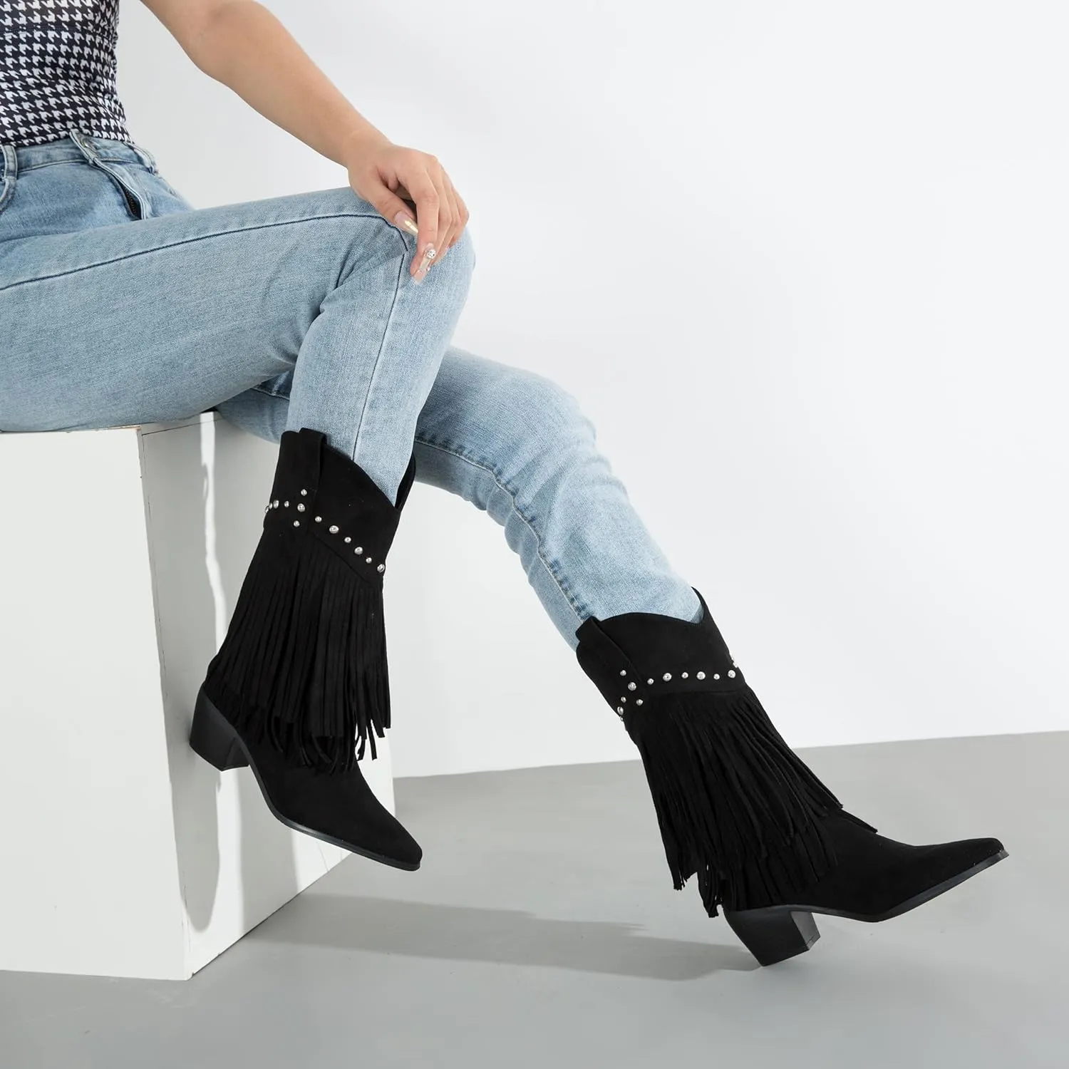 fereshte Fringe Boots For Women Stud Western Tassel Riding Cowgirl Cowboy Mid Calf Pull On Boots