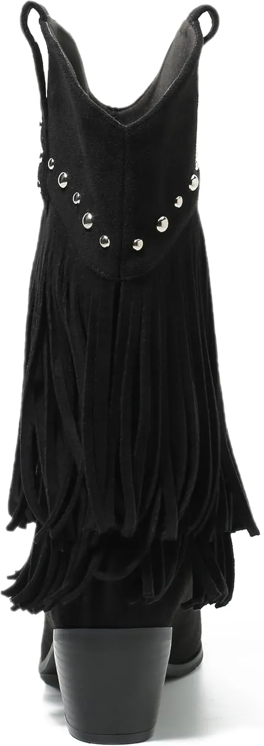 fereshte Fringe Boots For Women Stud Western Tassel Riding Cowgirl Cowboy Mid Calf Pull On Boots