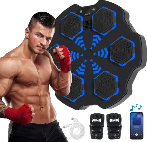 FICTOR Music Boxing Machine, Smart Bluetooth Interactive Wall-Mounted Boxing Trainer, Ideal for Home Gyms & Fitness Enthusiasts, Perfect for Kids, Teens, and Adults (Classic Grey) (Black-Blue)
