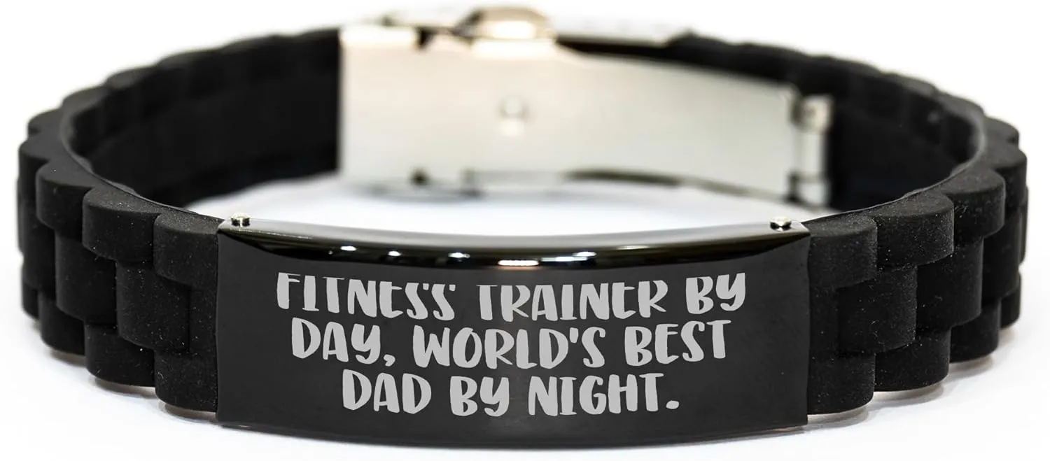 Fitness Trainer Gifts by Day, World's Best Dad by Night Glide lock Clasp Birthday Present for Him or Her, Silver Black Stainless Steel Silicone Adjustable Clasp, Funny Quote