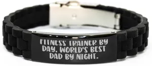 Fitness Trainer Gifts by Day, World's Best Dad by Night Glide lock Clasp Birthday Present for Him or Her, Silver Black Stainless Steel Silicone Adjustable Clasp, Funny Quote