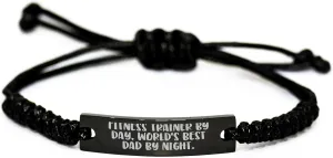 Fitness Trainer Gifts from Men, Funny Fitness Trainer By Day, World's Best Dad By Night. Birthday Present Rope Bracelet for Fitness Trainer, Adjustable Stainless Steel Interlaced Rope, Engraved Quote