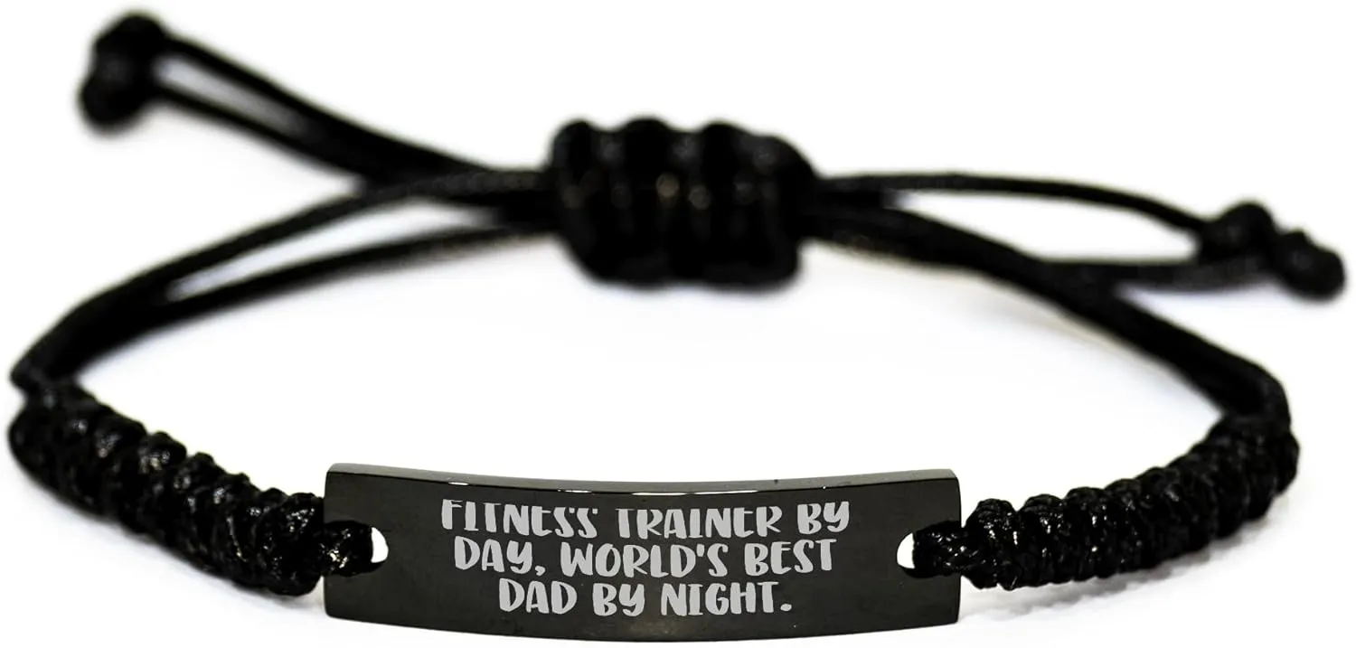 Fitness Trainer Gifts from Men, Funny Fitness Trainer By Day, World's Best Dad By Night. Birthday Present Rope Bracelet for Fitness Trainer, Adjustable Stainless Steel Interlaced Rope, Engraved Quote