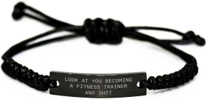 Fitness Trainer Inspired Funny Gift for Graduation Rope Adjustable Black Stainless Steel Engraved Bangle Gifts from Friends to Fitness Enthusiasts for Women Men Unique Graduation Gifts