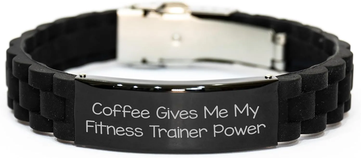 Fitness Trainer Power, Funny Quote Gift from Mom, Adjustable Glide lock Clasp Black Stainless Steel Silicone Bracelet for Fitness Trainer, Mother's Day Unique Gifts from Mom