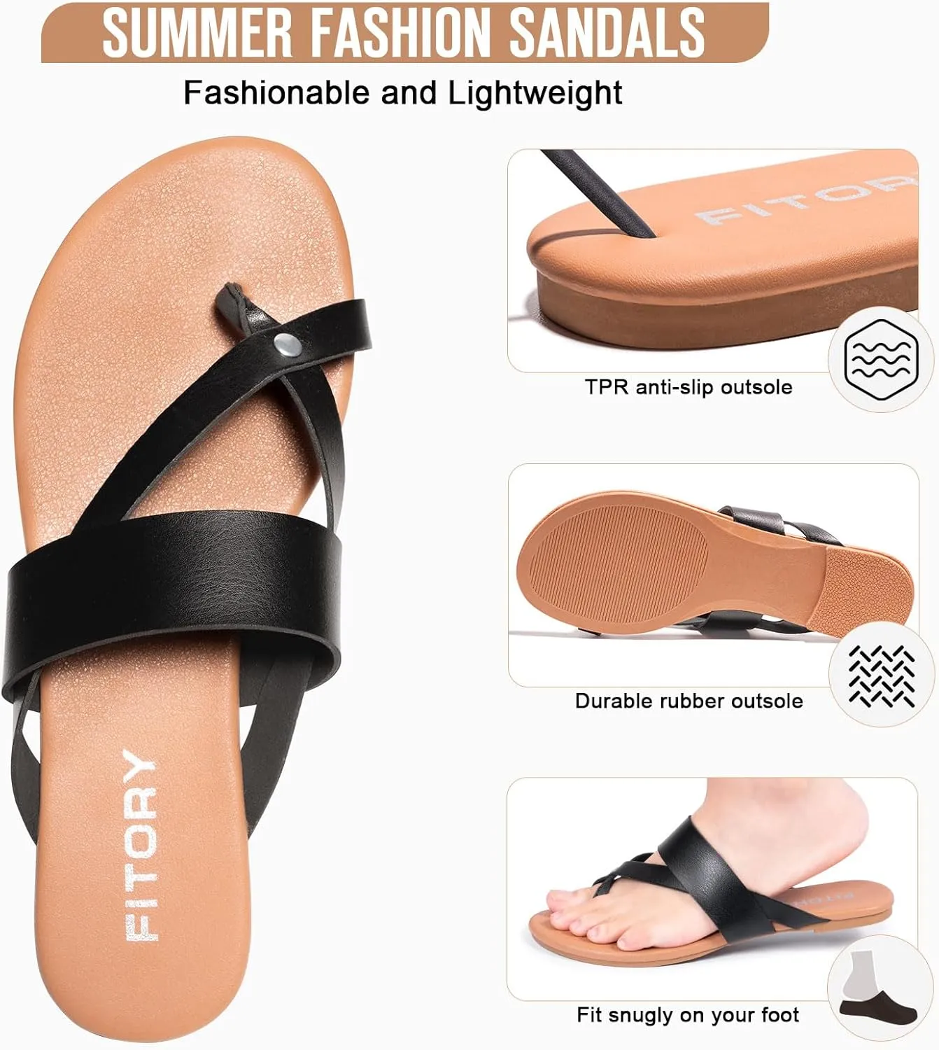 FITORY Womens Flat Sandals With Casual Fashion Slides and Flip Flops Split Toes Style for Lady Summer Size 6-11