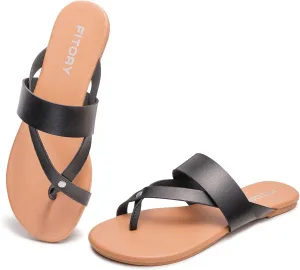 FITORY Womens Flat Sandals With Casual Fashion Slides and Flip Flops Split Toes Style for Lady Summer Size 6-11