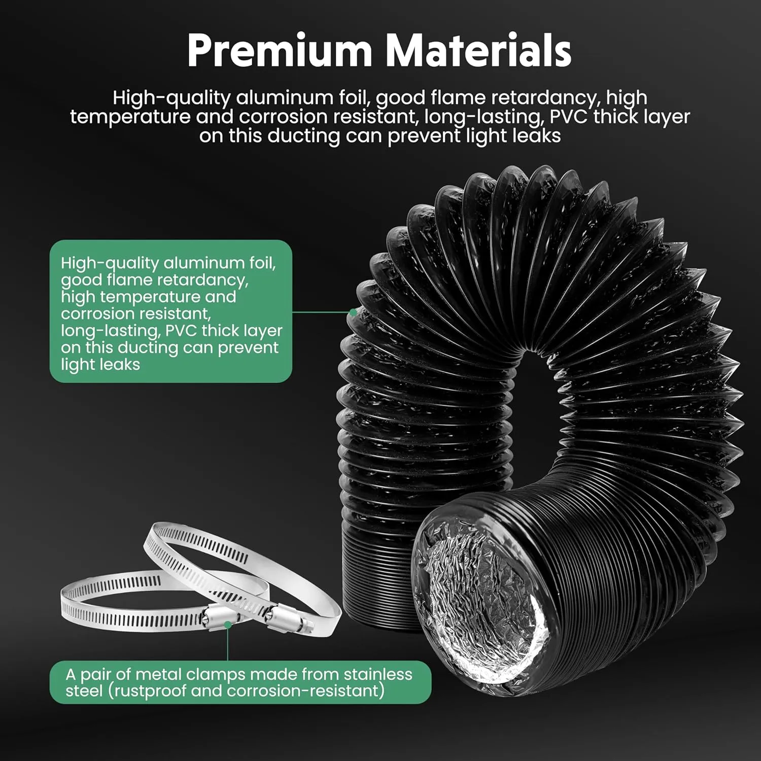 Flexible 12-Inch Aluminum Ducting, Dryer Vent Hose, Heavy-Duty Three-Layer Protection, 25-Feet Long for Heating Cooling Ventilation & Exhaust, Black