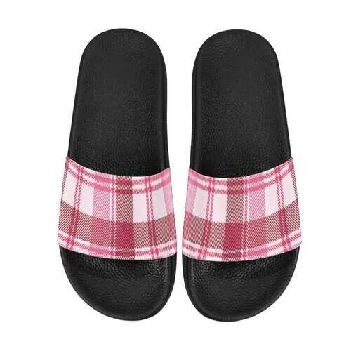 Flip-Flop Sandals, Pink and White Plaid Style Women's Slides