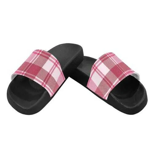 Flip-Flop Sandals, Pink and White Plaid Style Women's Slides