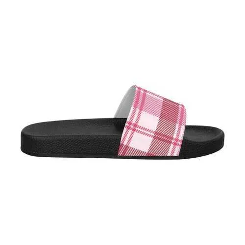 Flip-Flop Sandals, Pink and White Plaid Style Women's Slides
