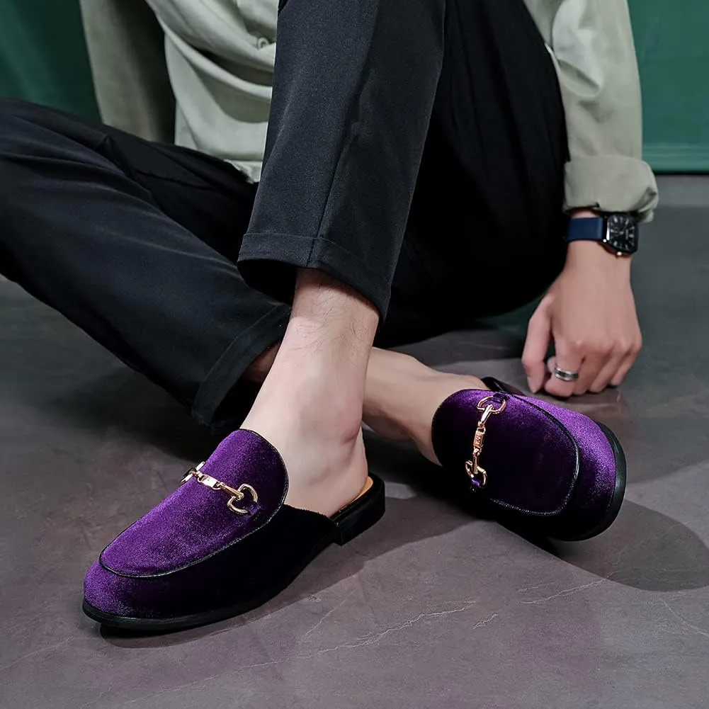 FLQL Mens Shoes Luxury Velvet Gold Buckle Slip-on Penny Loafers Casual Smoking Slippers Indoor Outdoor Sandals Black Size 7-13