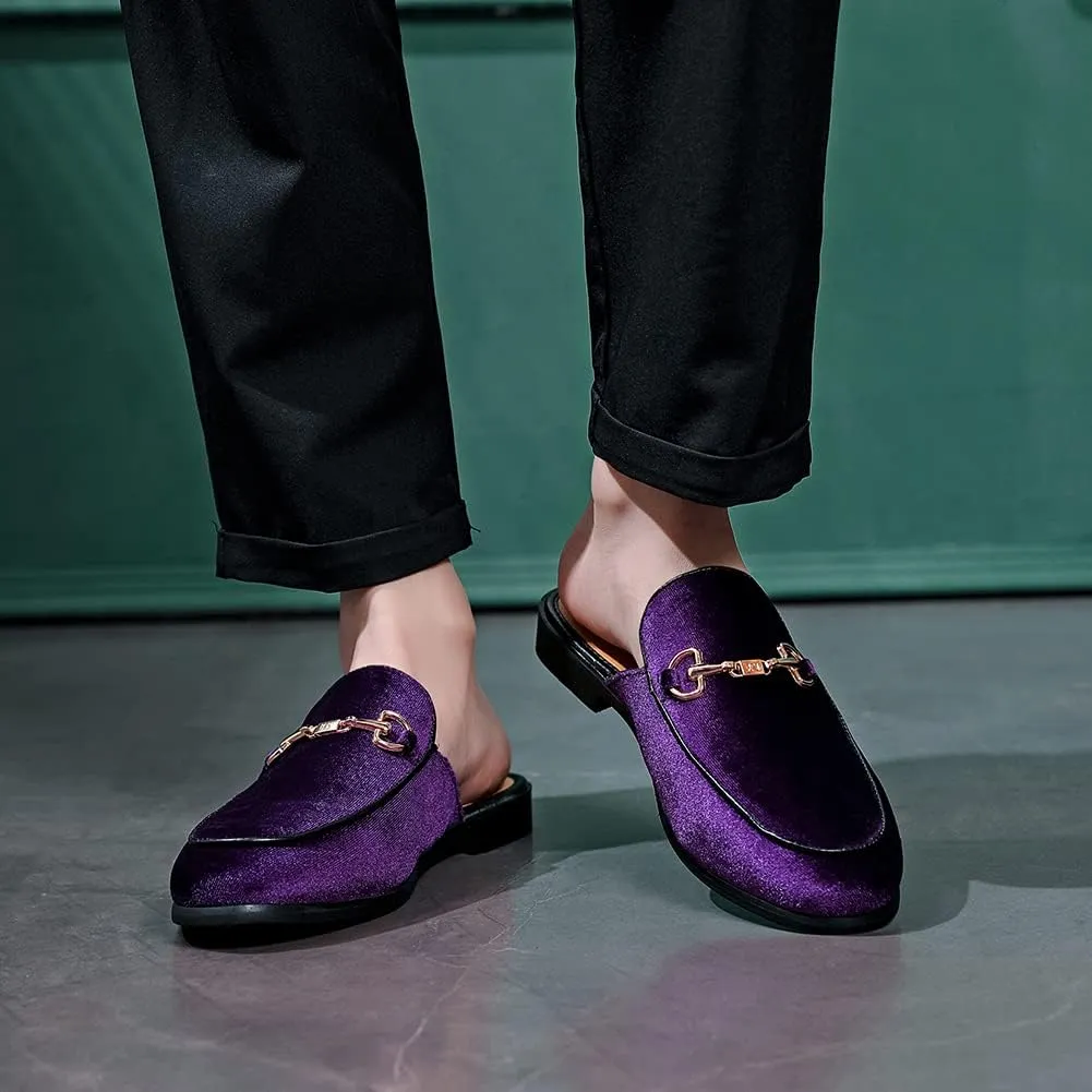 FLQL Mens Shoes Luxury Velvet Gold Buckle Slip-on Penny Loafers Casual Smoking Slippers Indoor Outdoor Sandals Black Size 7-13