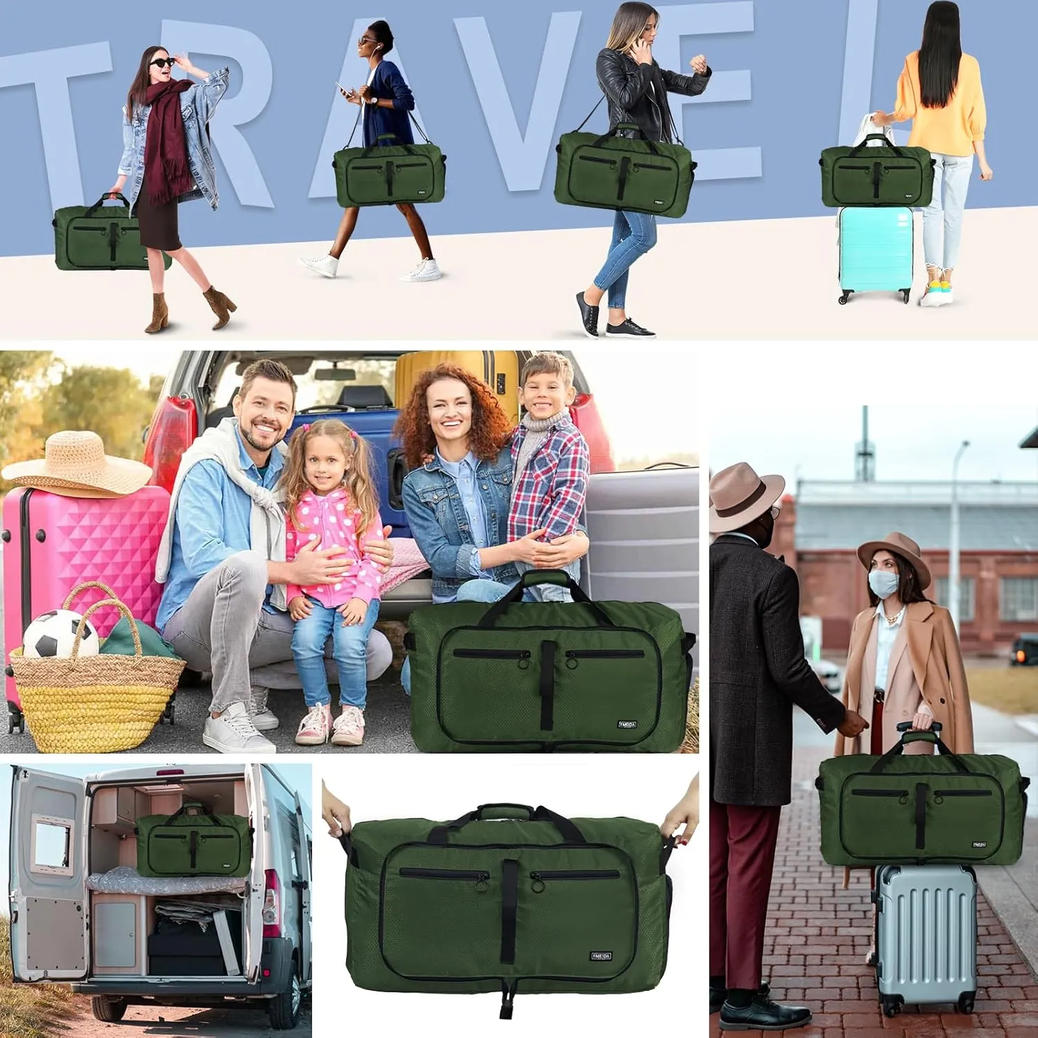 Fmeida 65L Duffle Bag with Shoes Compartment, Foldable Travel Duffel Bags for Men Women, Large Packable Travel Bag Water Repellent & Tear Resistant (Green)