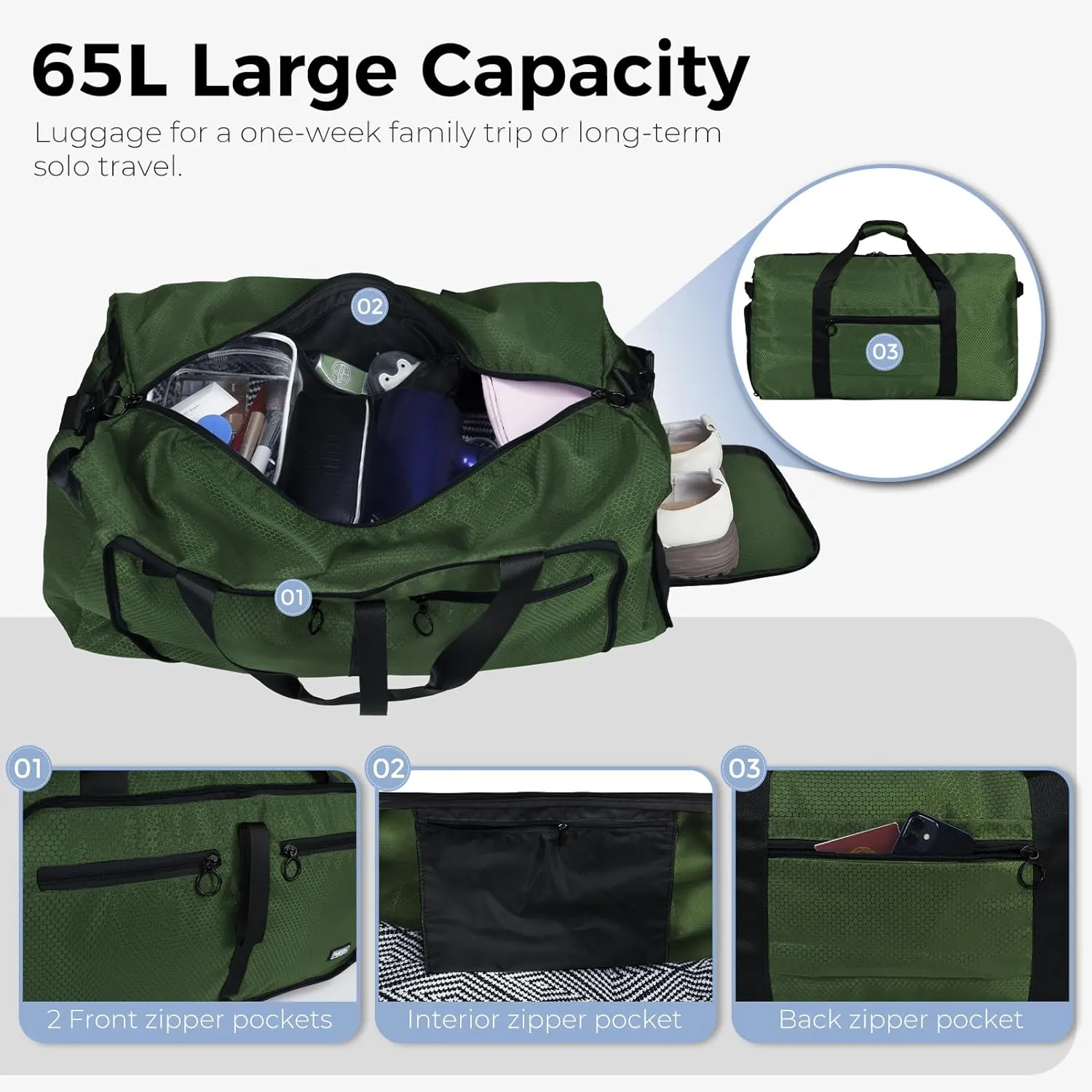 Fmeida 65L Duffle Bag with Shoes Compartment, Foldable Travel Duffel Bags for Men Women, Large Packable Travel Bag Water Repellent & Tear Resistant (Green)