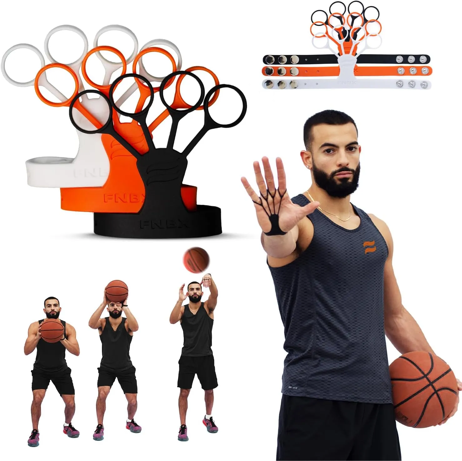 FNBX FlickGlove Basketball Shooting Aid, Training Equipment for Improving Shot and Form, Set of 3 Silicone Strap Resistances, White, Black and Orange