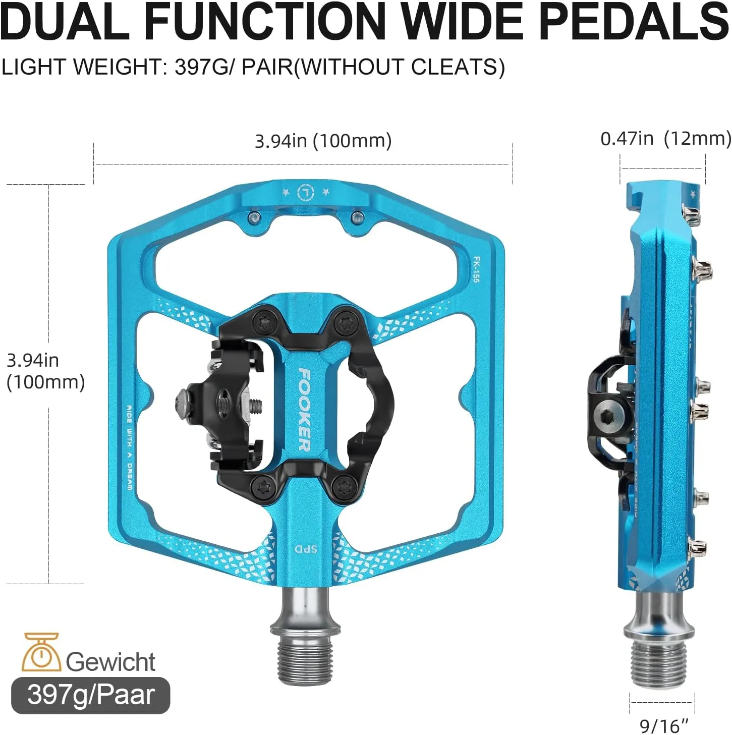 FOOKER MTB Mountain Bike Pedals, Dual Function Flat and Pedal,3 Sealed Bearing Flat Platform Compatible with Clipless Pedal Aluminum 9/16" Pedals with Cleats for Road Mountain BMX MTB