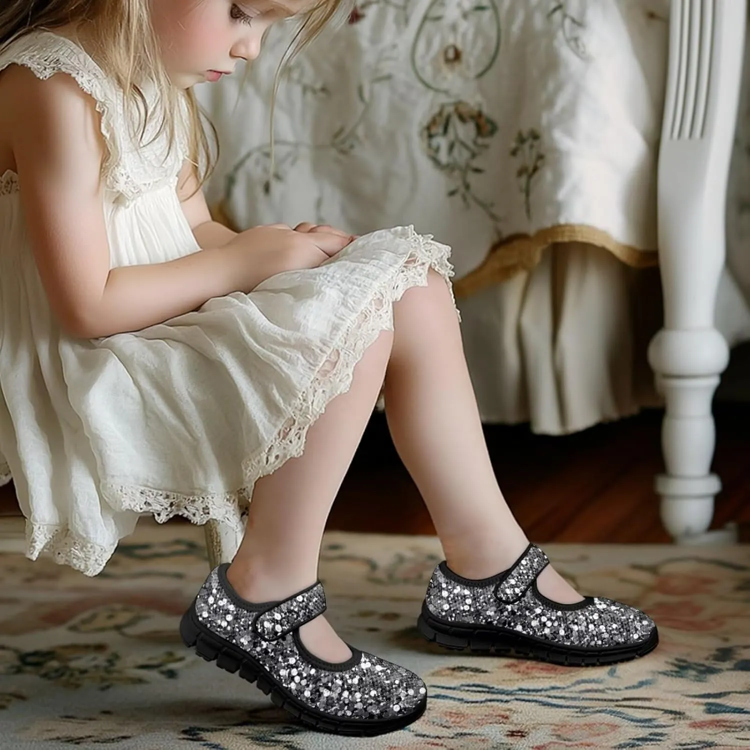 Forchrinse Bling Bling Print Girls Mary Jane Flat,Toddle Sliver Shining Print Dress Shoes Ballet Flat for Flower Girls Costume Party Dress Shoes,Causal Back to School Shoes,Size 11-2.5