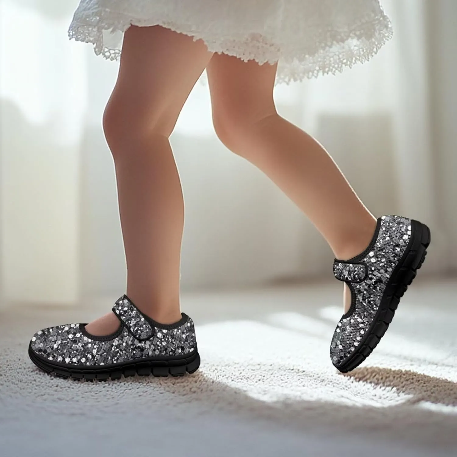 Forchrinse Bling Bling Print Girls Mary Jane Flat,Toddle Sliver Shining Print Dress Shoes Ballet Flat for Flower Girls Costume Party Dress Shoes,Causal Back to School Shoes,Size 11-2.5