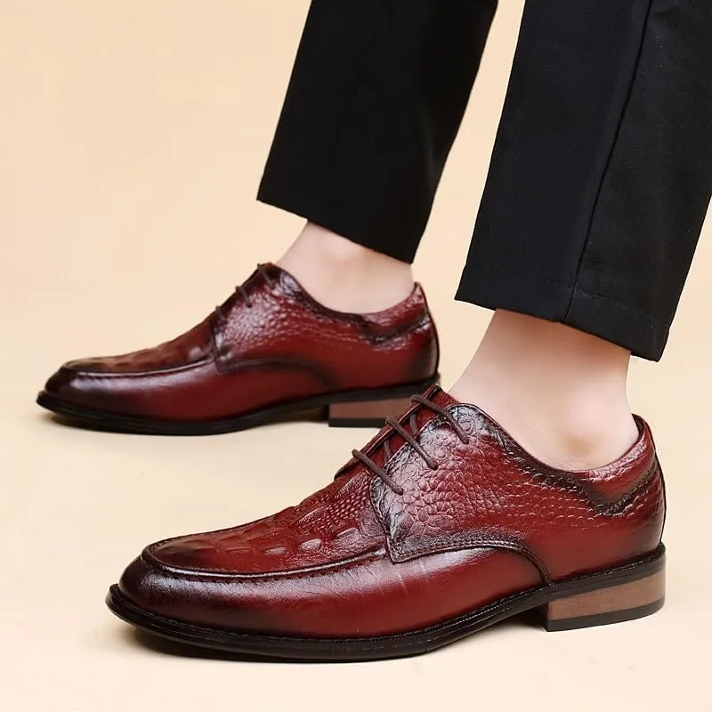 Formal Shoes for Men Lace Up Round Burnished Toe Crocodile Print Derby Shoes Slip Resistant Anti-Slip Non Slip Low Top Rubber Sole Wedding