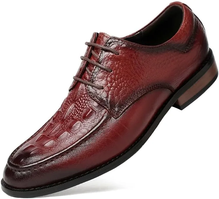 Formal Shoes for Men Lace Up Round Burnished Toe Crocodile Print Derby Shoes Slip Resistant Anti-Slip Non Slip Low Top Rubber Sole Wedding