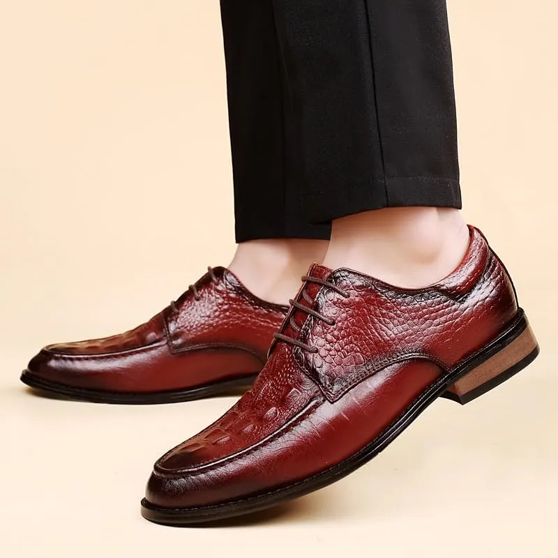 Formal Shoes for Men Lace Up Round Burnished Toe Crocodile Print Derby Shoes Slip Resistant Anti-Slip Non Slip Low Top Rubber Sole Wedding