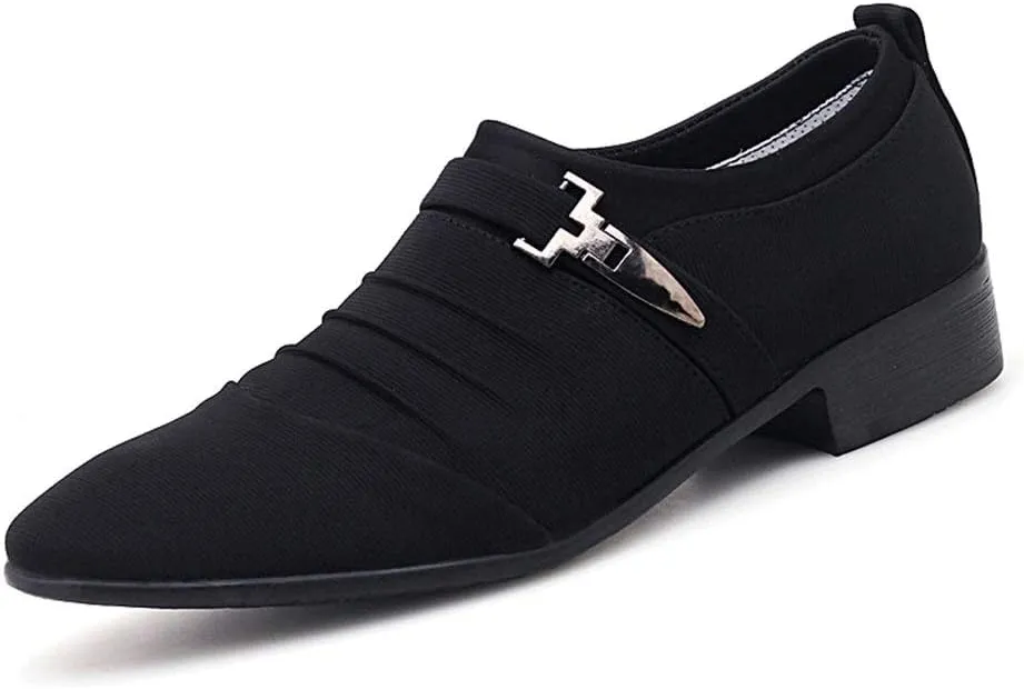 Formal Shoes for Men Slip On Pointed Cap Toe Pleated Canvas Block Heel Anti-Slip Rubber Sole Working