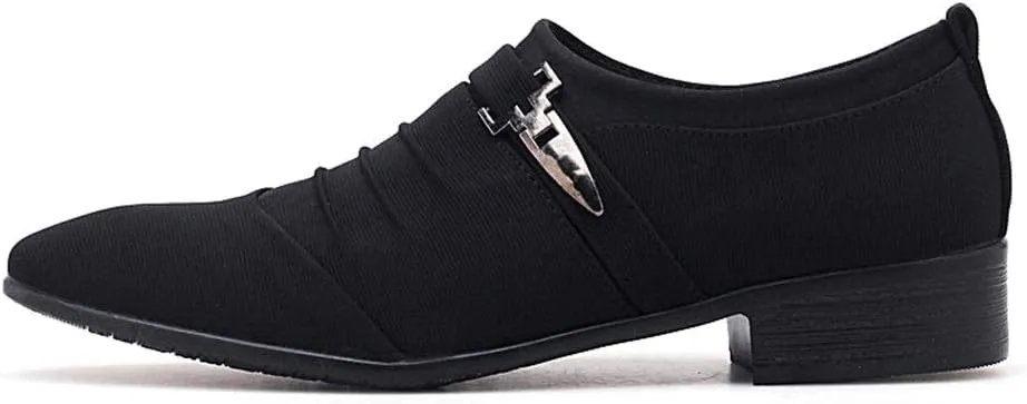 Formal Shoes for Men Slip On Pointed Cap Toe Pleated Canvas Block Heel Anti-Slip Rubber Sole Working