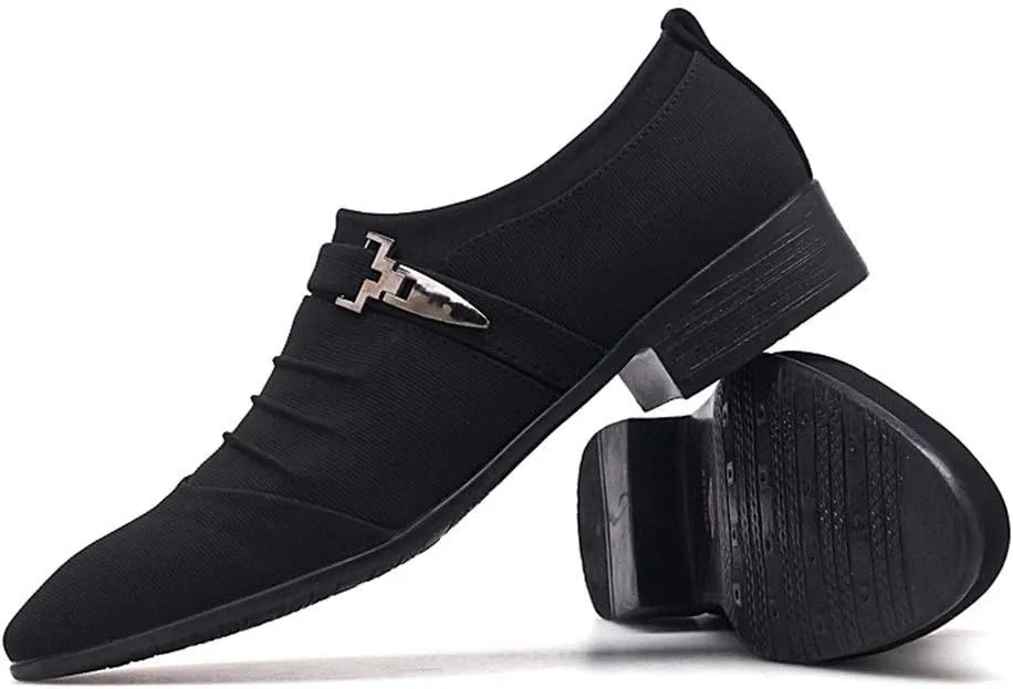 Formal Shoes for Men Slip On Pointed Cap Toe Pleated Canvas Block Heel Anti-Slip Rubber Sole Working