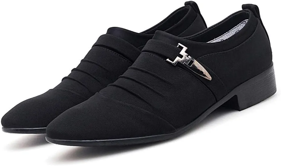 Formal Shoes for Men Slip On Pointed Cap Toe Pleated Canvas Block Heel Anti-Slip Rubber Sole Working