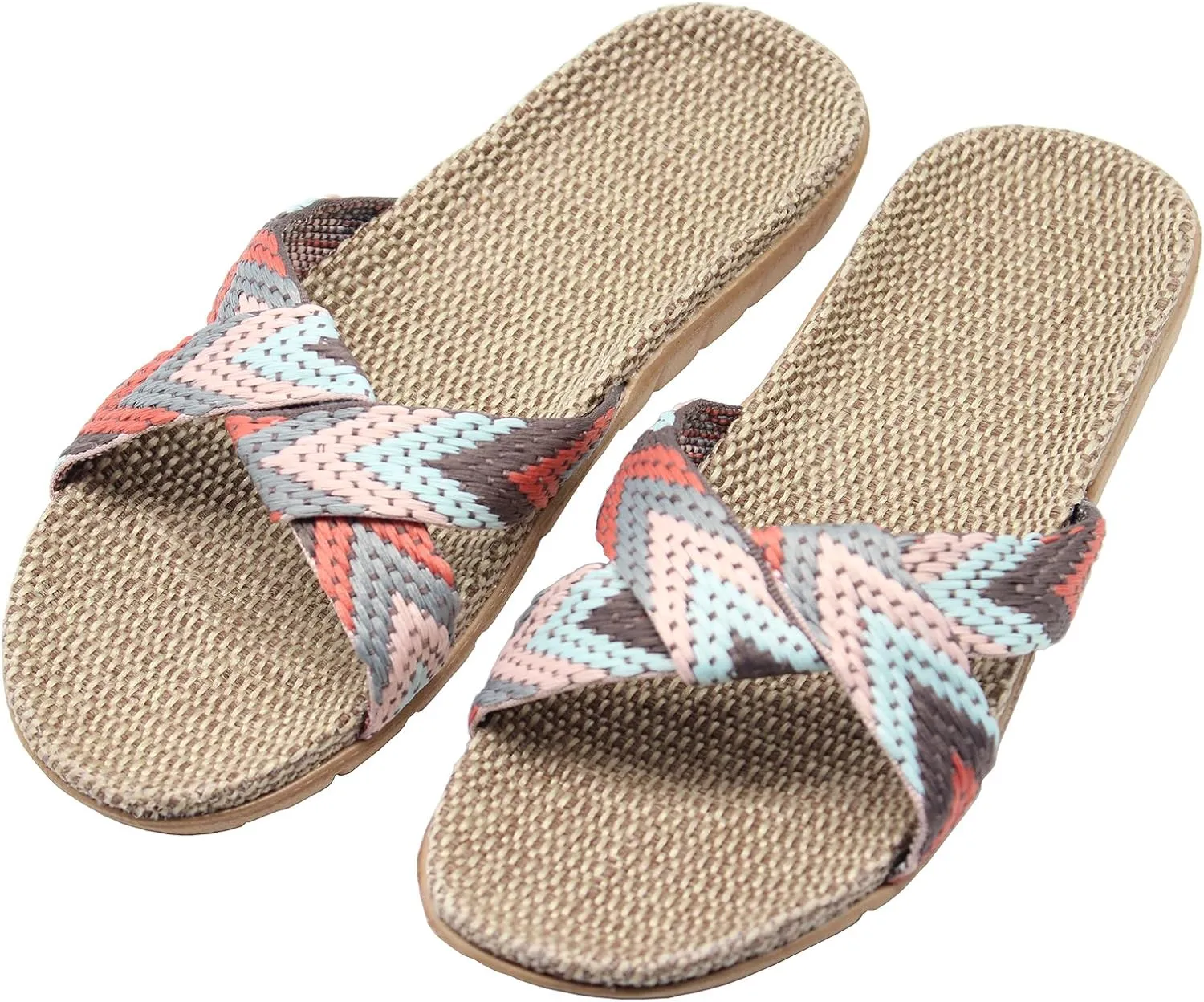 FRALOSHA Women's Summer Slippers Flax Cross House Shoes Indoor Breathable Outdoor Sandals