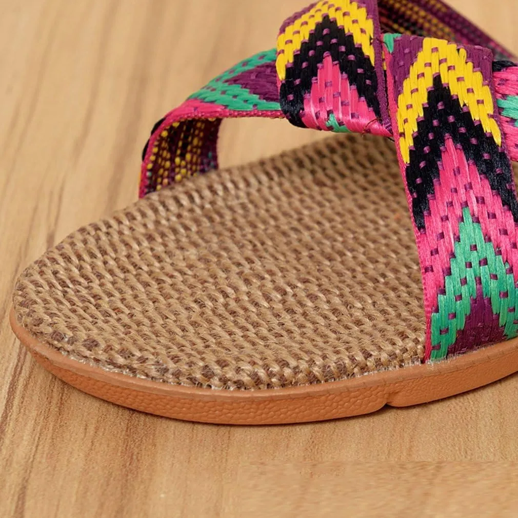 FRALOSHA Women's Summer Slippers Flax Cross House Shoes Indoor Breathable Outdoor Sandals