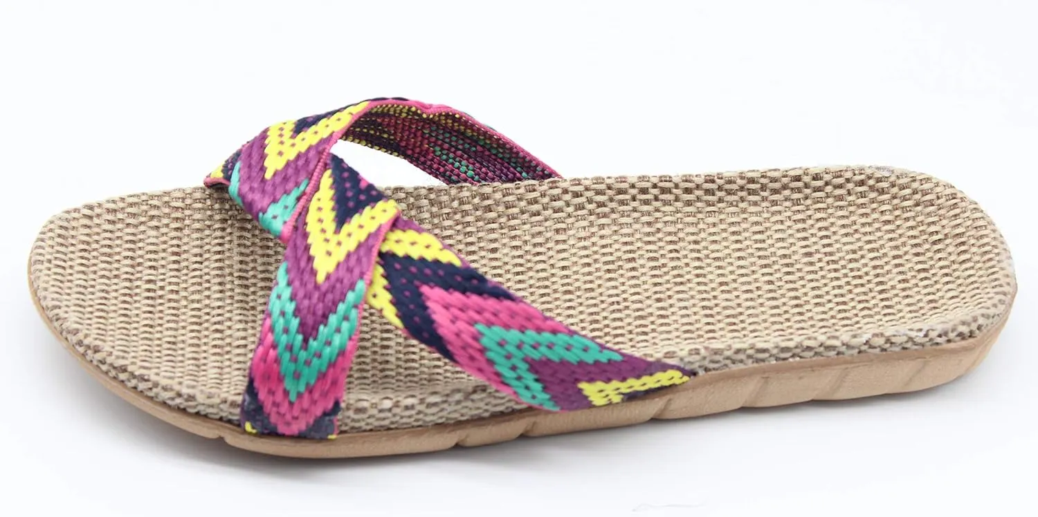 FRALOSHA Women's Summer Slippers Flax Cross House Shoes Indoor Breathable Outdoor Sandals