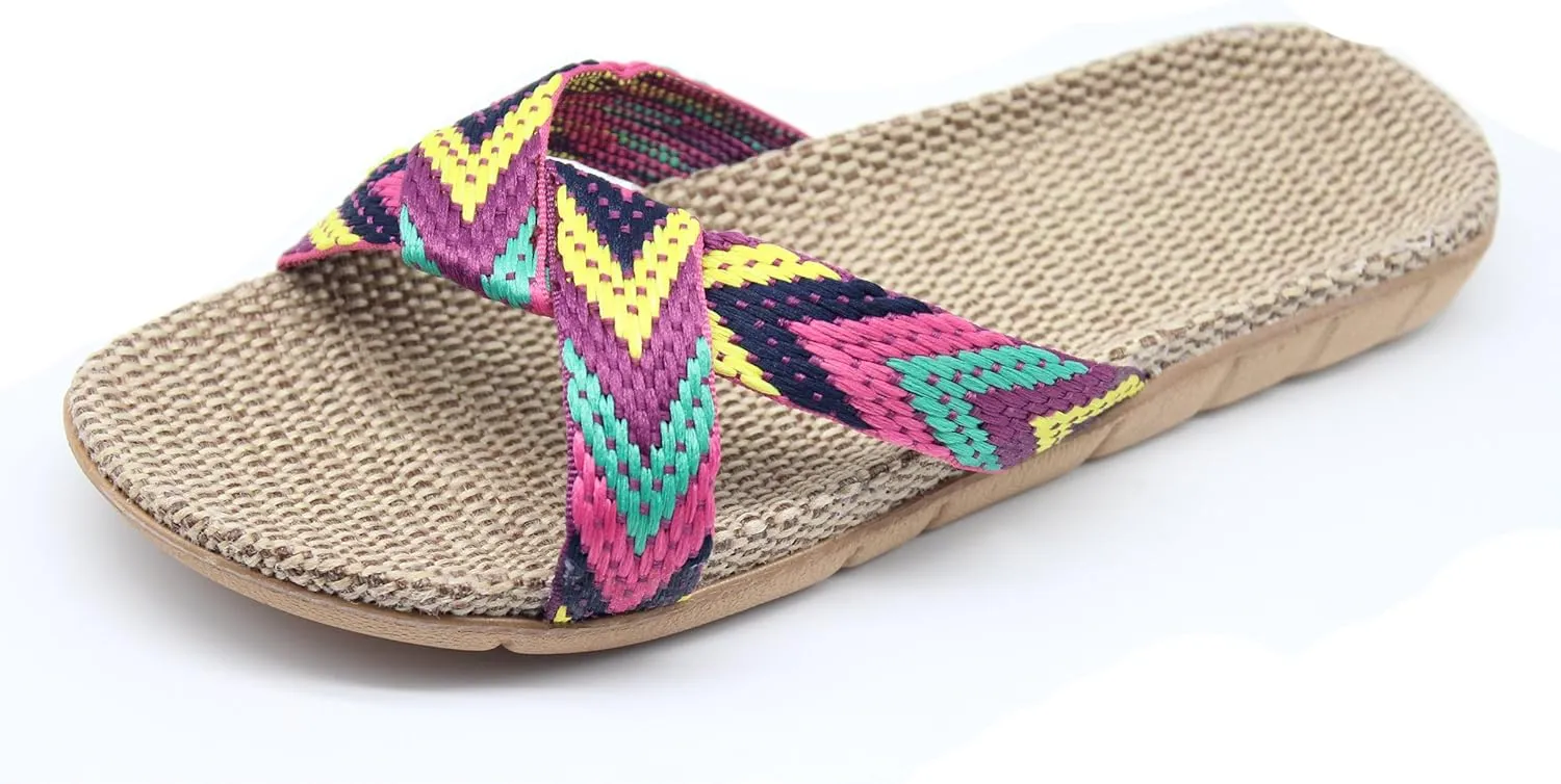 FRALOSHA Women's Summer Slippers Flax Cross House Shoes Indoor Breathable Outdoor Sandals