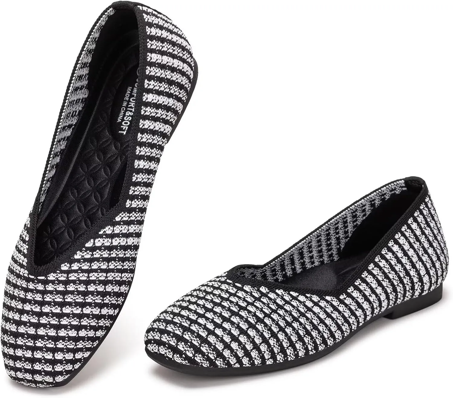 Frank Mully Womens Casual Flat Shoes Square Toe Shoes Knitted Work Flat Comfort Dressy Flat Shoes for Daily Washable