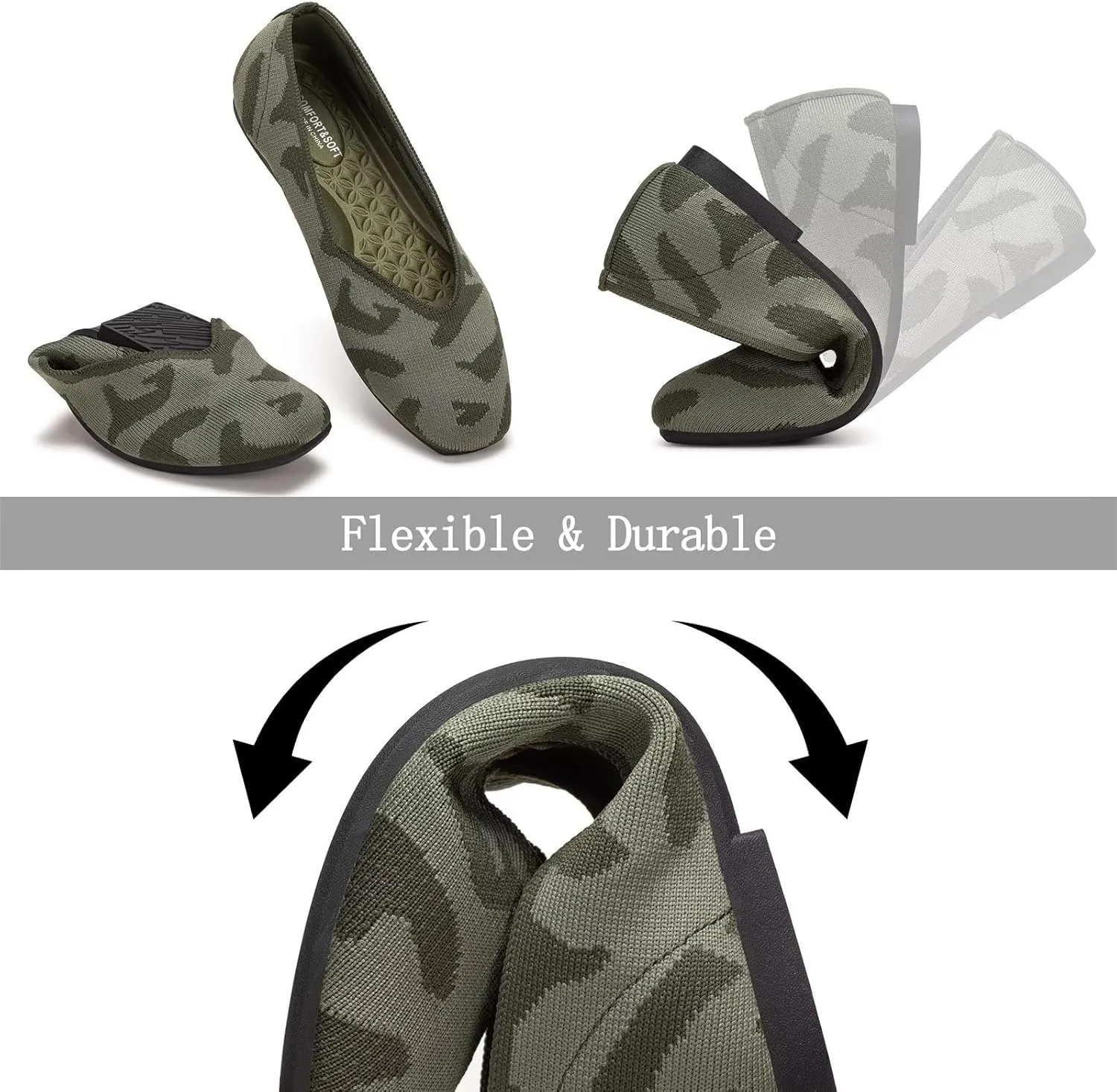 Frank Mully Womens Casual Flat Shoes Square Toe Shoes Knitted Work Flat Comfort Dressy Flat Shoes for Daily Washable