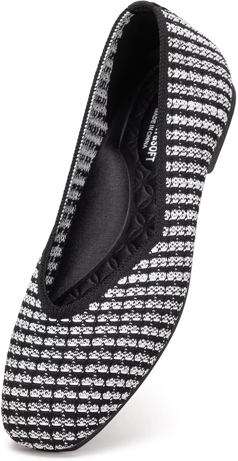 Frank Mully Womens Casual Flat Shoes Square Toe Shoes Knitted Work Flat Comfort Dressy Flat Shoes for Daily Washable