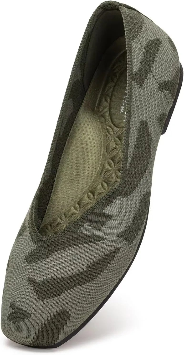 Frank Mully Womens Casual Flat Shoes Square Toe Shoes Knitted Work Flat Comfort Dressy Flat Shoes for Daily Washable