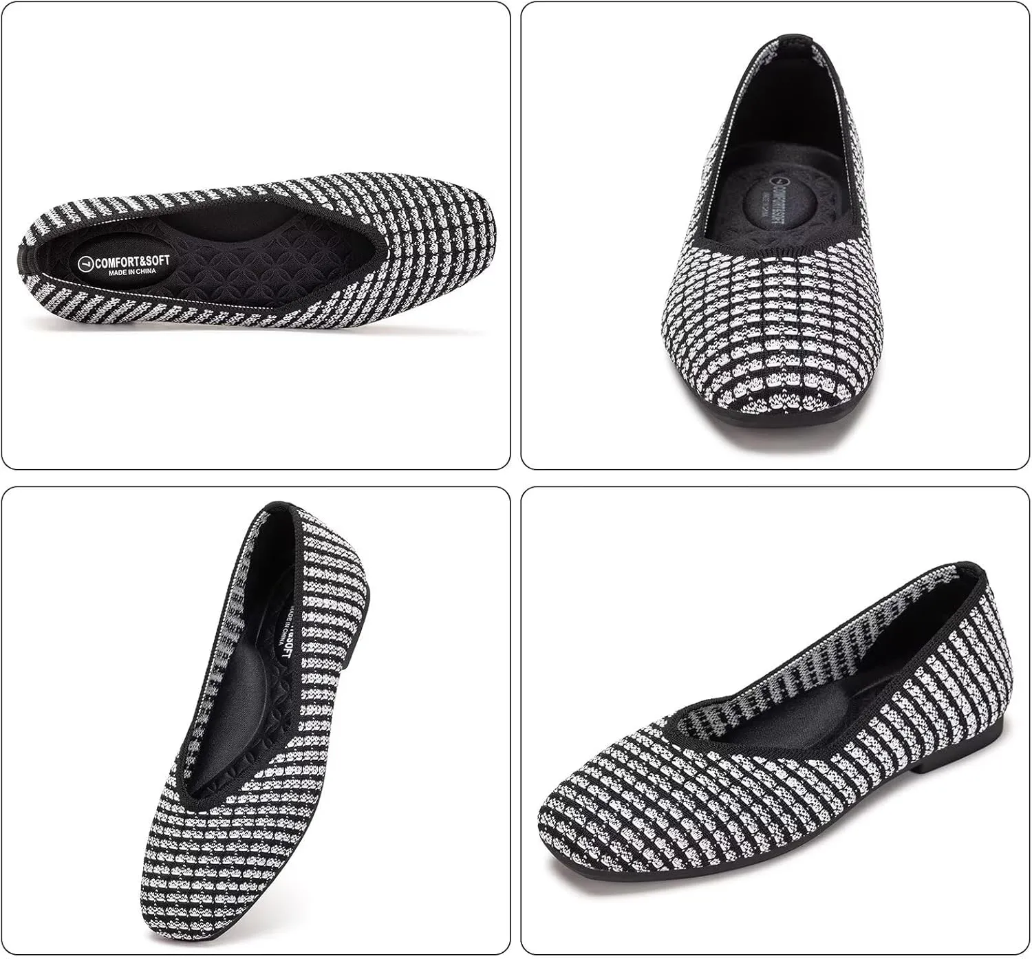 Frank Mully Womens Casual Flat Shoes Square Toe Shoes Knitted Work Flat Comfort Dressy Flat Shoes for Daily Washable