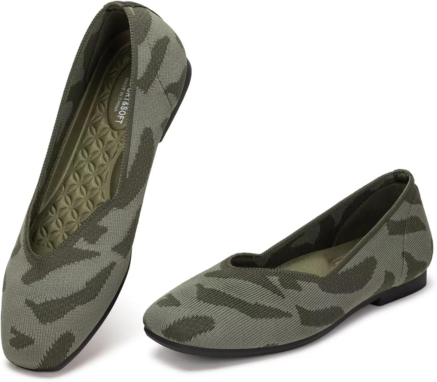 Frank Mully Womens Casual Flat Shoes Square Toe Shoes Knitted Work Flat Comfort Dressy Flat Shoes for Daily Washable