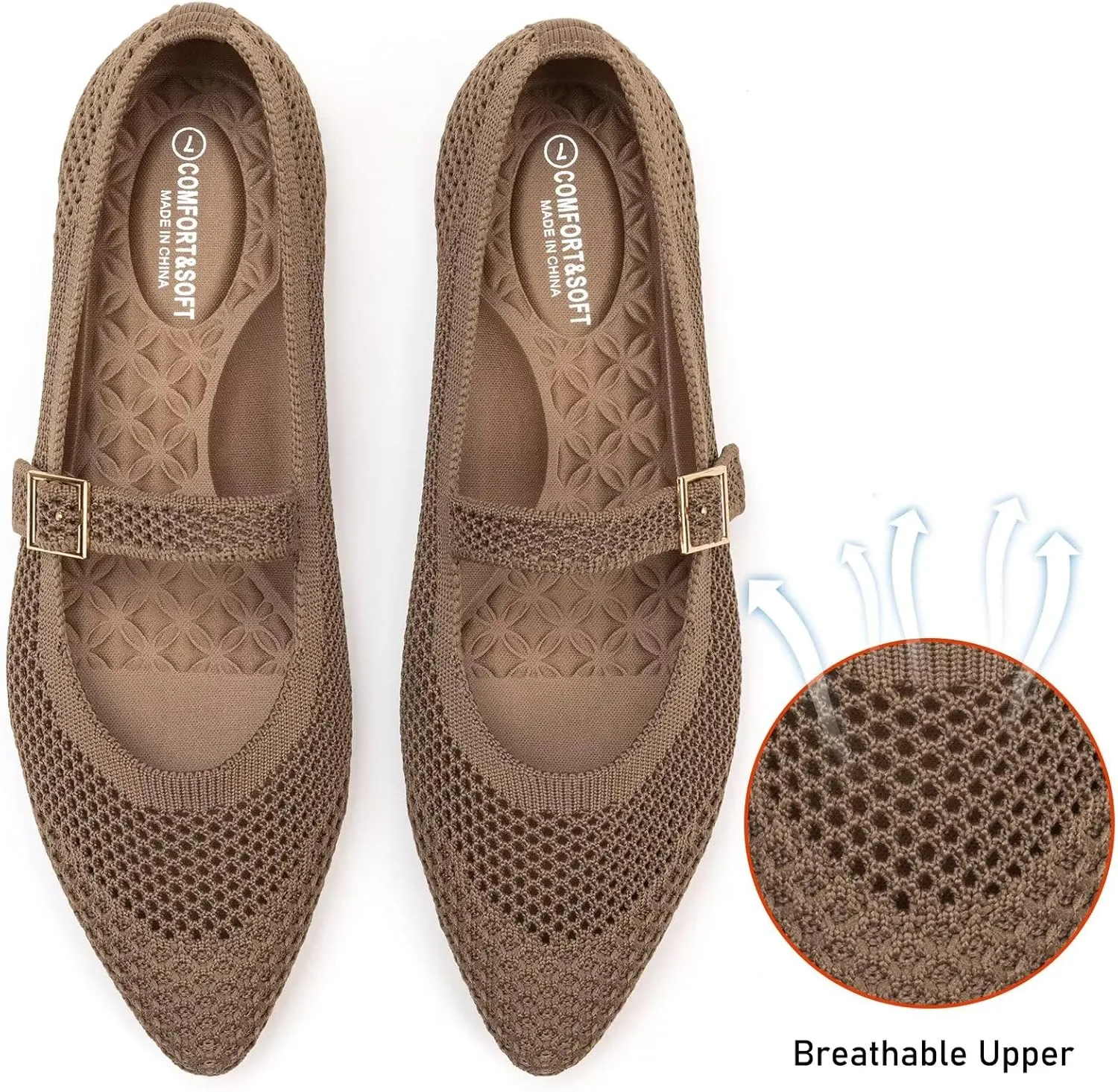 Frank Mully Women's Mesh Flats Mary Jane Shoes Pointed Toe Lightweight with Adjustable Instep Strap Knit Flat Shoes for Women Dressy Casual Washable Walking Shoes
