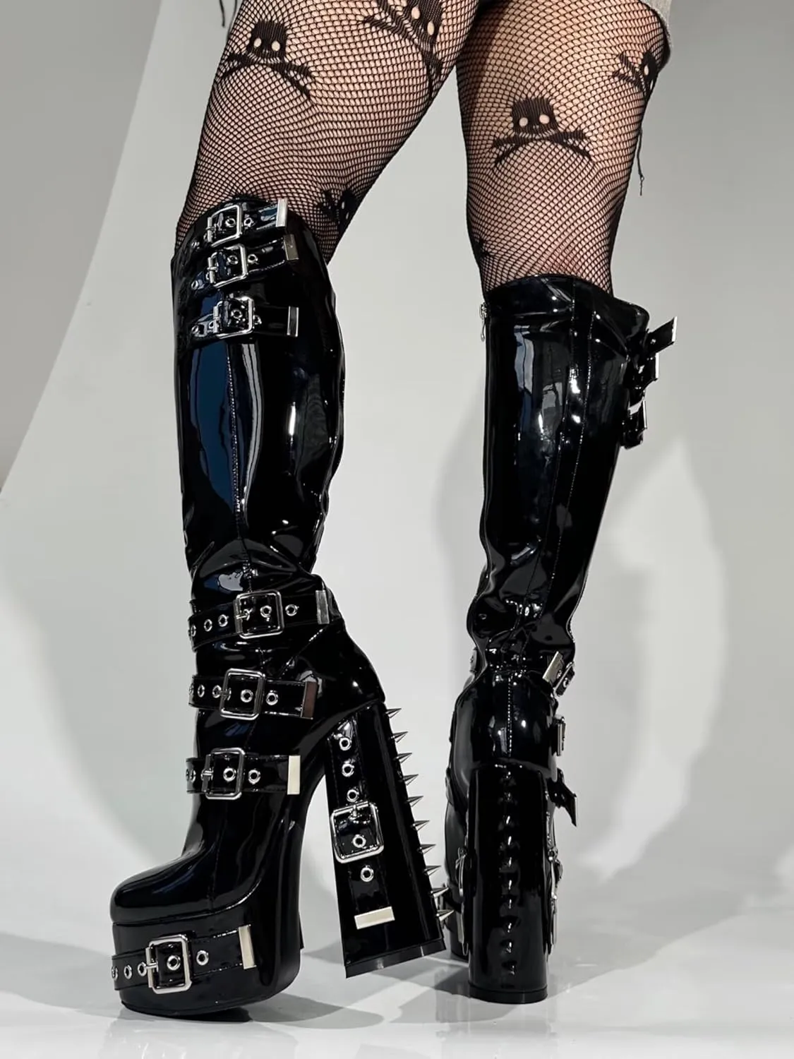 Frankie Hsu Goth Sexy Chunky Platform Knee High Heeled Boots, Black Patent Silver Rivets Multi Buckle Gothic, Punk Y2K Hot Girl Big Large Size Wide Calf Shoes For Women Men