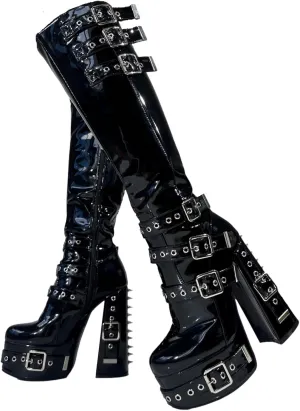 Frankie Hsu Goth Sexy Chunky Platform Knee High Heeled Boots, Black Patent Silver Rivets Multi Buckle Gothic, Punk Y2K Hot Girl Big Large Size Wide Calf Shoes For Women Men