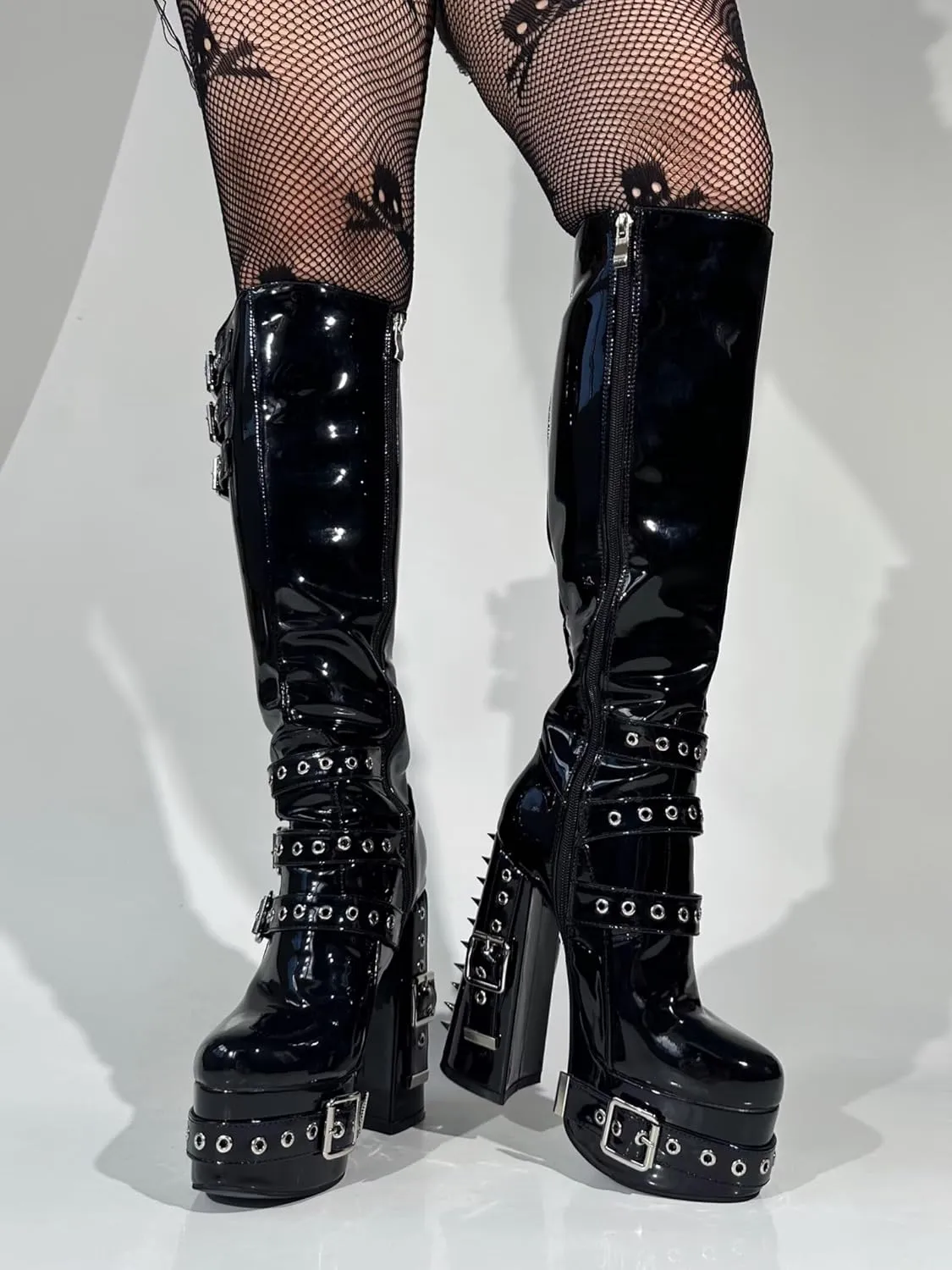 Frankie Hsu Goth Sexy Chunky Platform Knee High Heeled Boots, Black Patent Silver Rivets Multi Buckle Gothic, Punk Y2K Hot Girl Big Large Size Wide Calf Shoes For Women Men