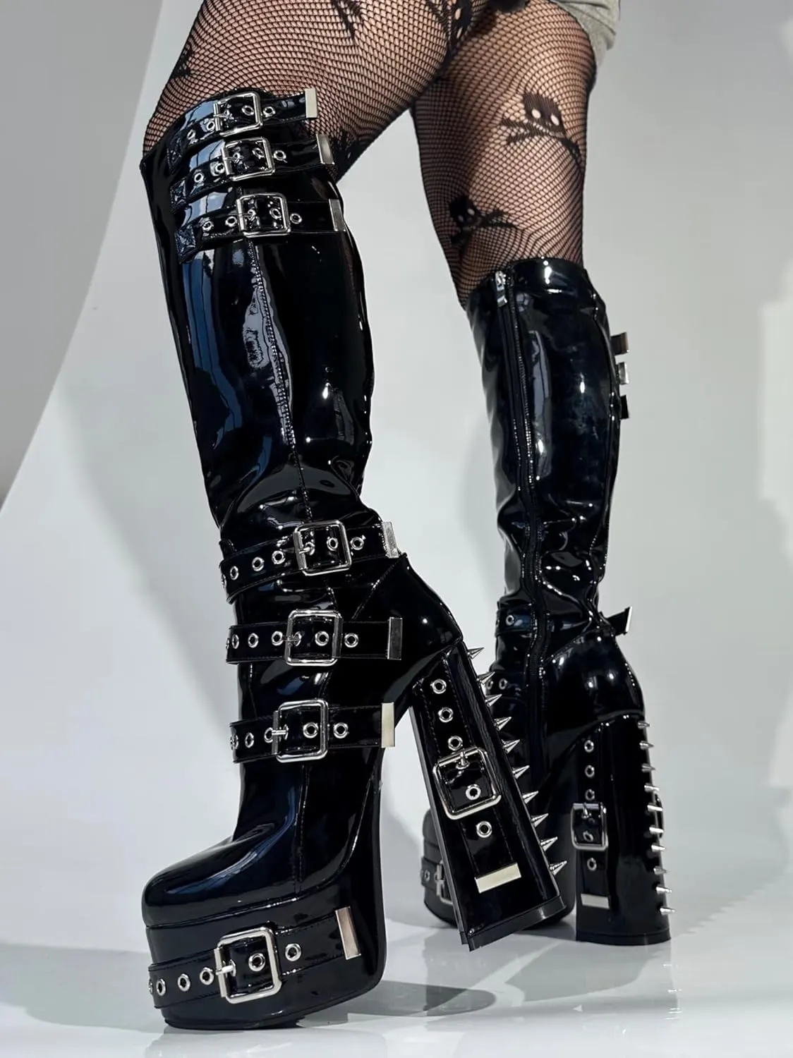 Frankie Hsu Goth Sexy Chunky Platform Knee High Heeled Boots, Black Patent Silver Rivets Multi Buckle Gothic, Punk Y2K Hot Girl Big Large Size Wide Calf Shoes For Women Men