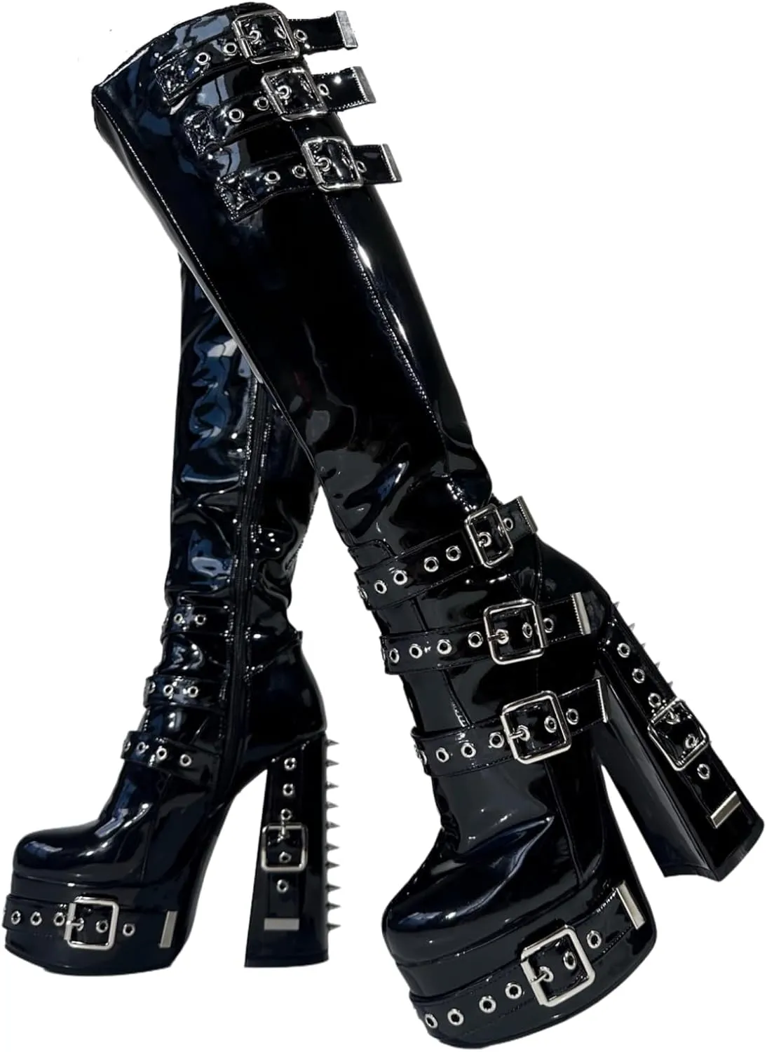 Frankie Hsu Goth Sexy Chunky Platform Knee High Heeled Boots, Black Patent Silver Rivets Multi Buckle Gothic, Punk Y2K Hot Girl Big Large Size Wide Calf Shoes For Women Men