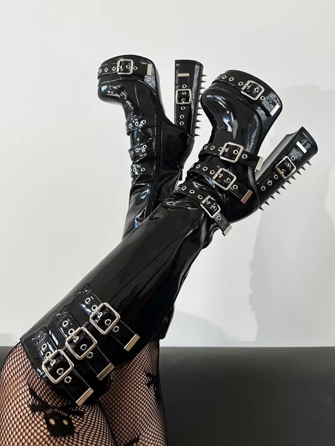 Frankie Hsu Goth Sexy Chunky Platform Knee High Heeled Boots, Black Patent Silver Rivets Multi Buckle Gothic, Punk Y2K Hot Girl Big Large Size Wide Calf Shoes For Women Men