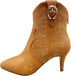 Frankie Hsu Women's Embroidered Western Cowboy Boots Ankle High Stitching Blue Denim Almond Medium Heeled Kitten Heel Fashion Retro Silver U-Shaped Buckle Classic Wide Ankle Big Size Pull-On Bootie