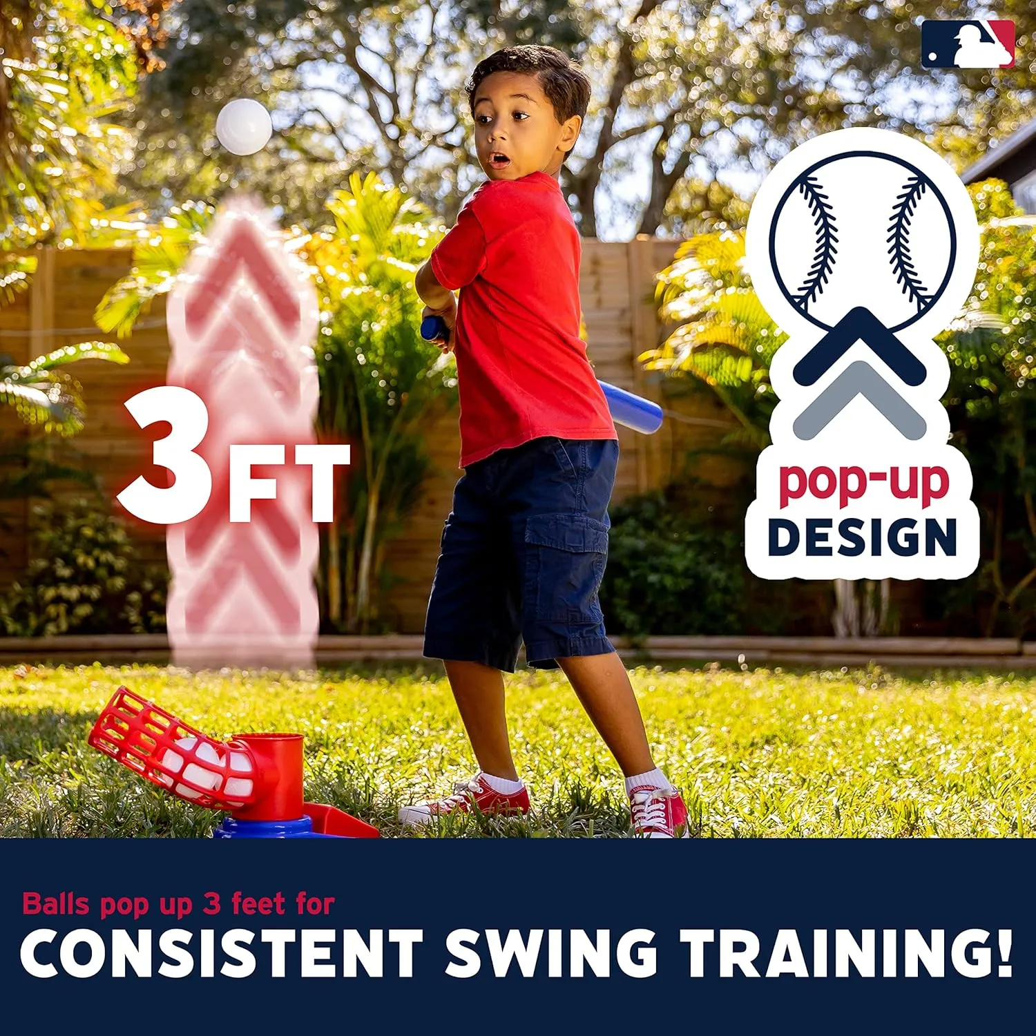 Franklin Sports Kids Baseball Pitching Machine - Pop A Pitch Baseball Batting Machine with Youth Bat   3 Plastic Baseballs - Boys   Girls Baseball Toy,Red/Blue