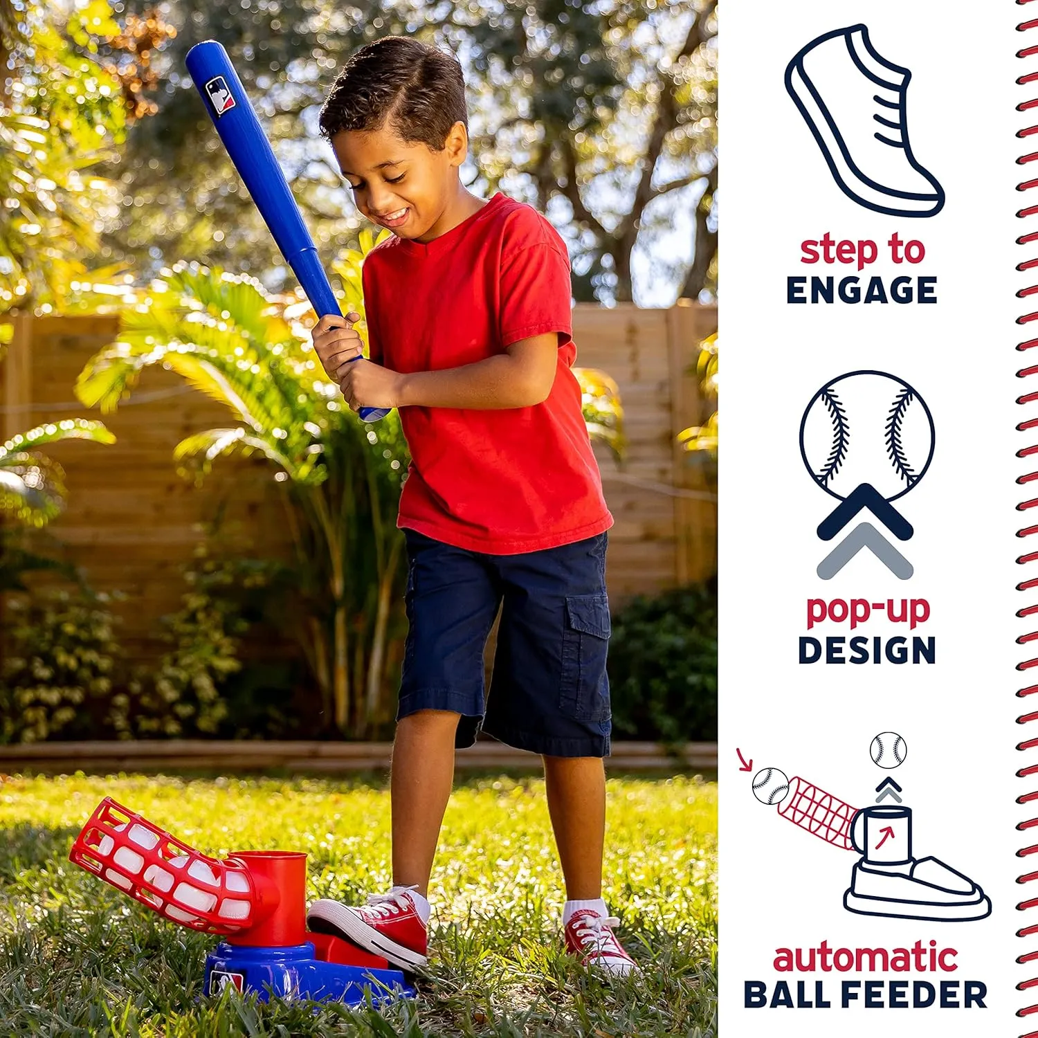 Franklin Sports Kids Baseball Pitching Machine - Pop A Pitch Baseball Batting Machine with Youth Bat   3 Plastic Baseballs - Boys   Girls Baseball Toy,Red/Blue